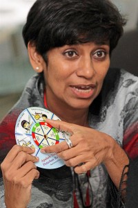 Women’s Centre for Change programme consultant Prema Devaraj showing an educational tool that is a part of WCC’s ‘Be Smart, Be Safe’ or ‘Bijak Itu Selamat’ child sex abuse prevention programme kit. — Filepic