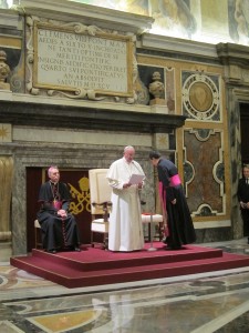 Pope Francis speaks to the delegates in the Clementine Hall.