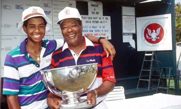 Tiger Woods, aged 15, with his father Earl celebrate his victory at the 1991 USGA Junior Amateur Championships in 1991. Photograph: Rick Dole/Getty Images