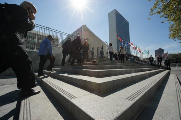 DIPLOMACY'S HEART. A view of the UN headquarters complex, as seen from the Visitors' Entrance, 23 September 2014, United Nations, New York. Yubi Hoffmann/UN Photo