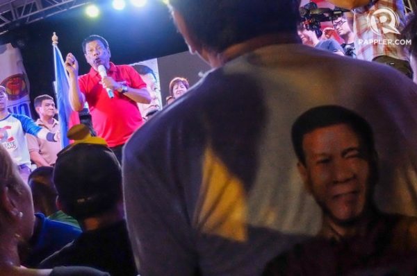 Presidential election survey frontrunner Davao city mayor Rodrigo Duterte speaks at concert in Quezon City on April 12