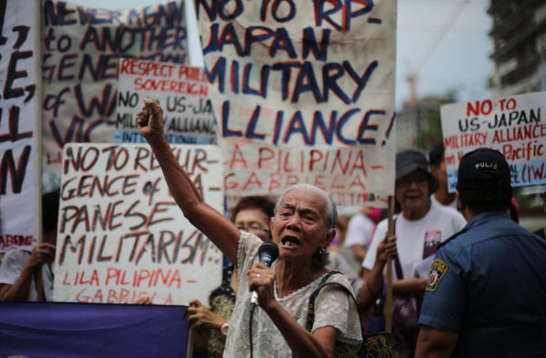 Narcisa Claveria, 86, calls for justice during a protest in front of the Japanese embassy in Manila on March 1, 2016.