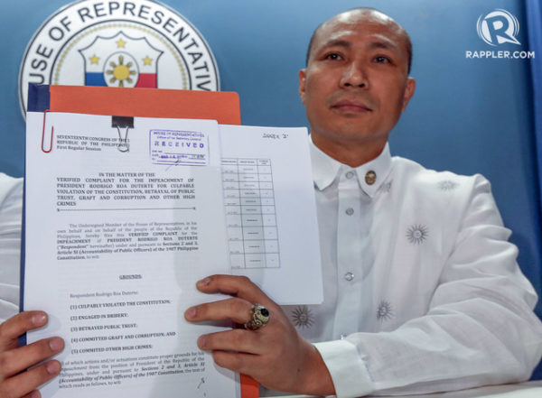 Rep. Gary Alejano of the Magdalo Party-list group announce the filling of Impeachment charges against President Rodrigo Duterte at the House of Representatives in Quezon City on March 16, 2016. Photo by Ben Nabong/Rappler