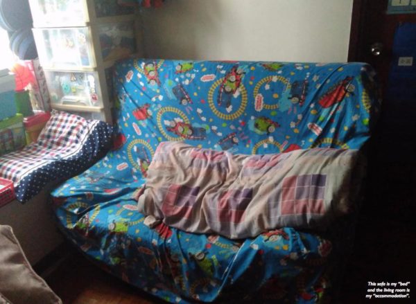 "This sofa is my 'bed; and the living room is my 'accommodation.' Photo via the MFMW report.