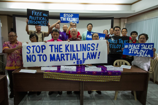 Members of the Ecumenical Bishops' Forum expressed their opposition to the declaration of martial law in the southern Philippines during a media briefing in Manila on July 19. (Photo by Mark Saludes)