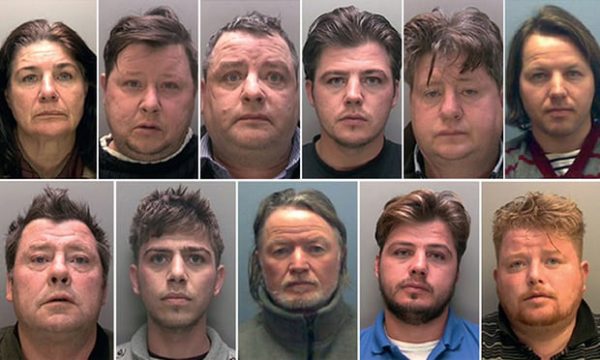 Convicted gang members (top row, L-R): Bridget Rooney, 55, Gerald Rooney, 46, John Rooney, 53, John Rooney, 31, Lawrence Rooney, 47, Martin Rooney, 35; (bottom row, L-R): Martin Rooney Sr, 57, Martin Rooney, 23, Patrick Rooney, 54, Patrick Rooney, 31, and Peter Doran, 36. Photograph: EPA/Lincolnshire police/Handout