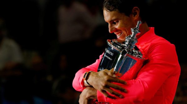 Nadal holds the US Open trophy in New York. ANDREW KELLY REUTERS