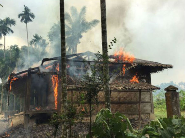 House on fire in Gawdu Zara village, northern Rakhine state in Myanmar. (AP Photo)